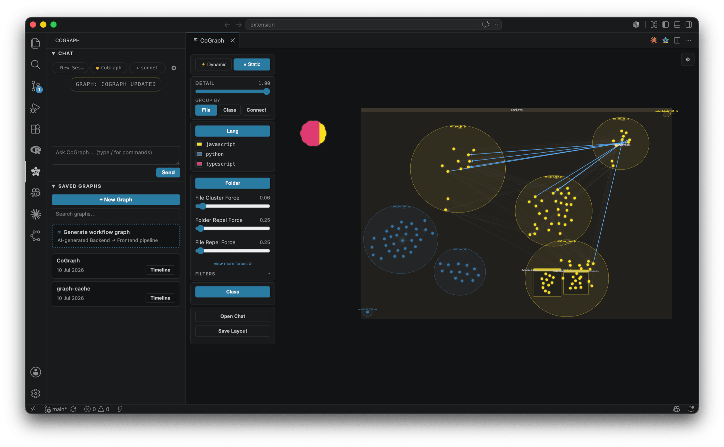 The CoGraph VS Code extension showing a live, colour-coded call graph of a codebase alongside its chat and layout controls.
